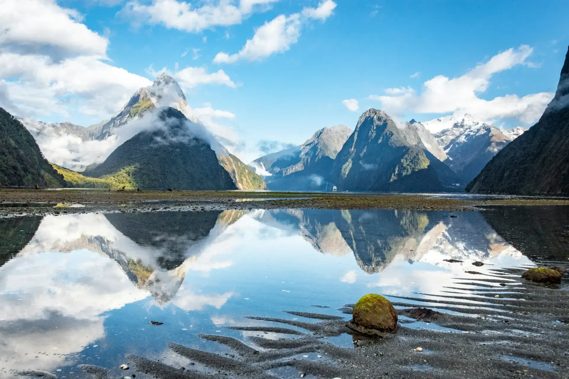 Milford Sound fiord framed by steep green mountains