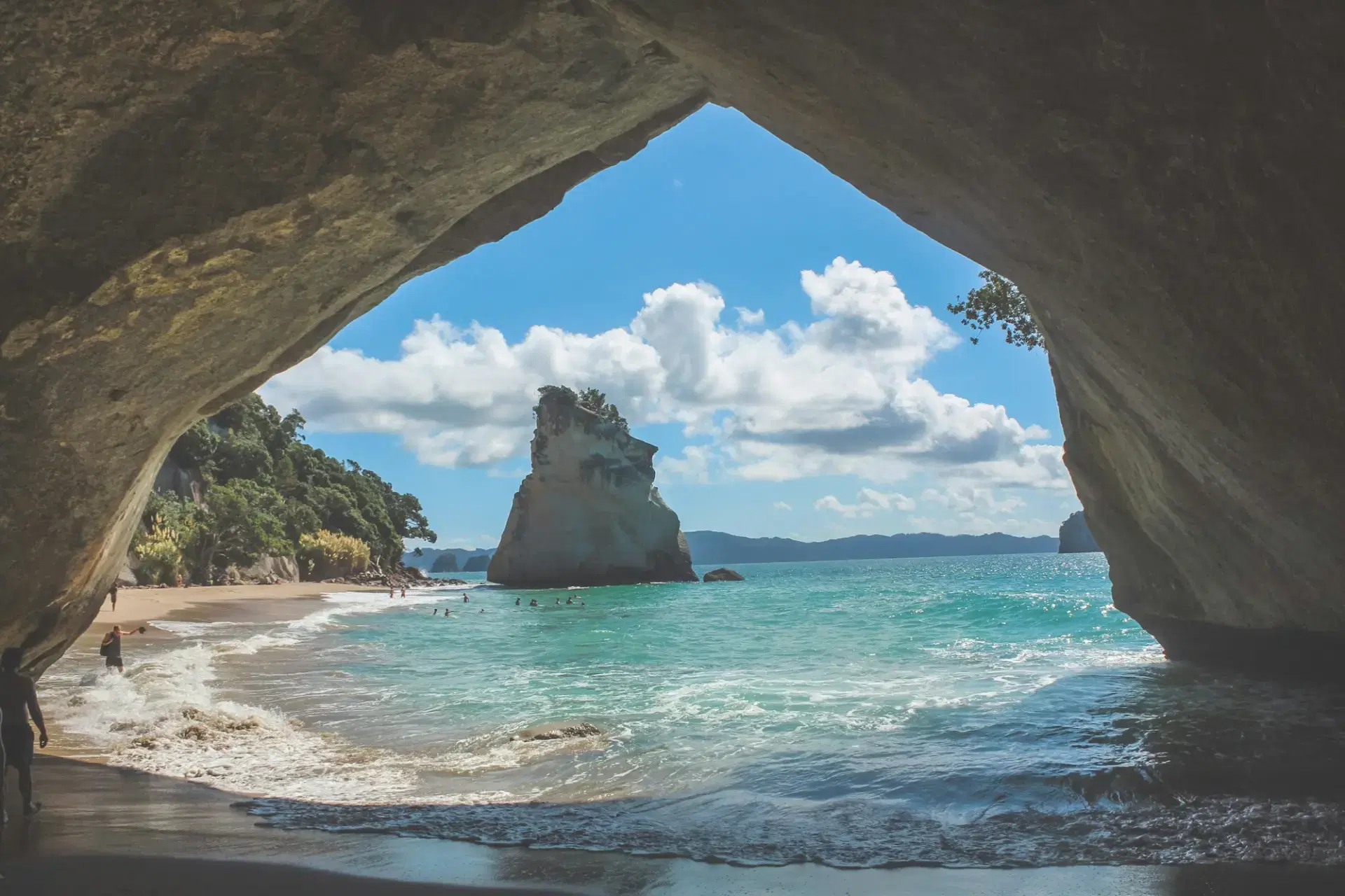 Sea stack seen through the rock arch at Cathedral Cove, Coromandel