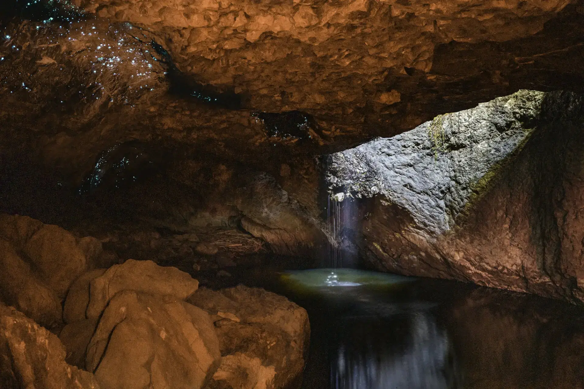Underground river inside a Waitomo limestone cave