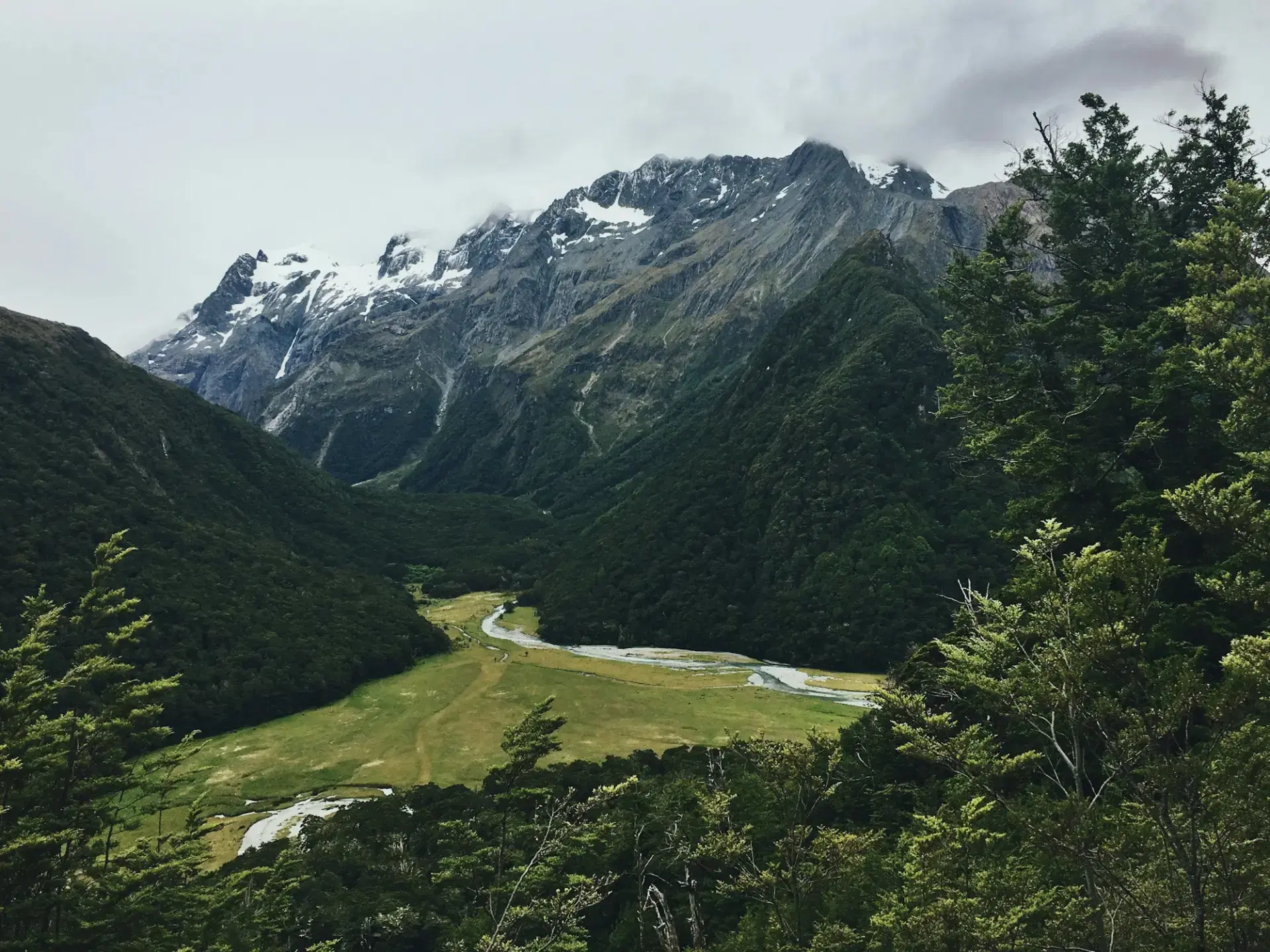 Panoramic mountain range under a clear sky