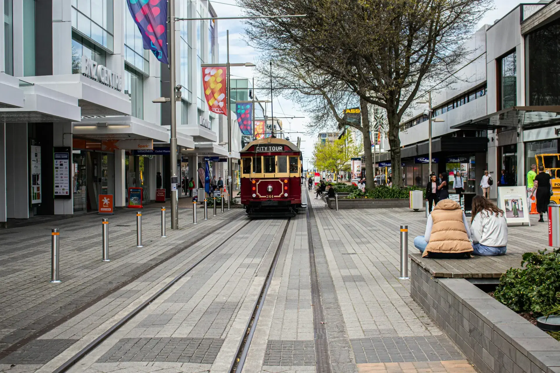 Heritage tram passing through central Christchurch