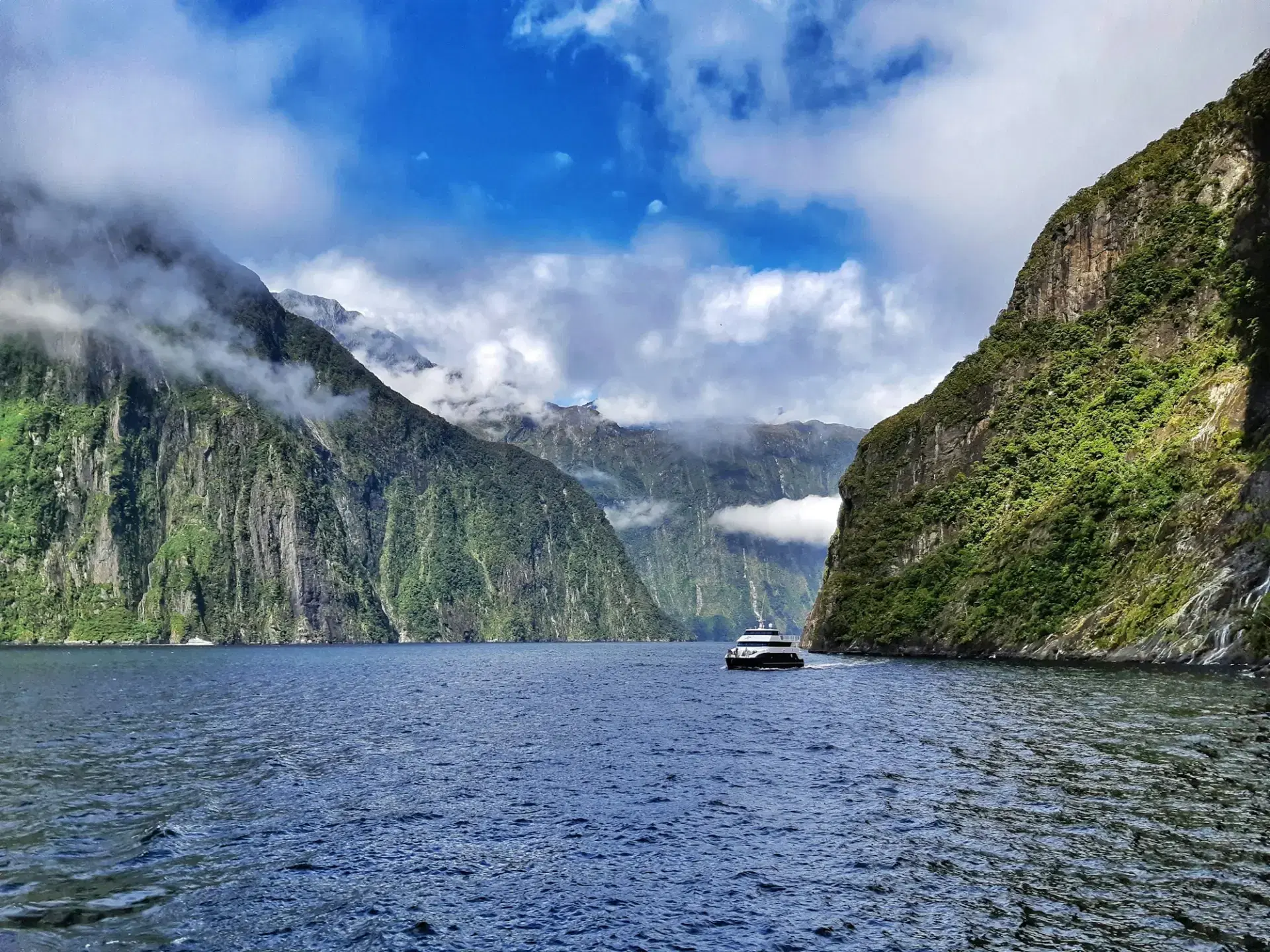 Cruise boat beneath the cliffs of Milford Sound